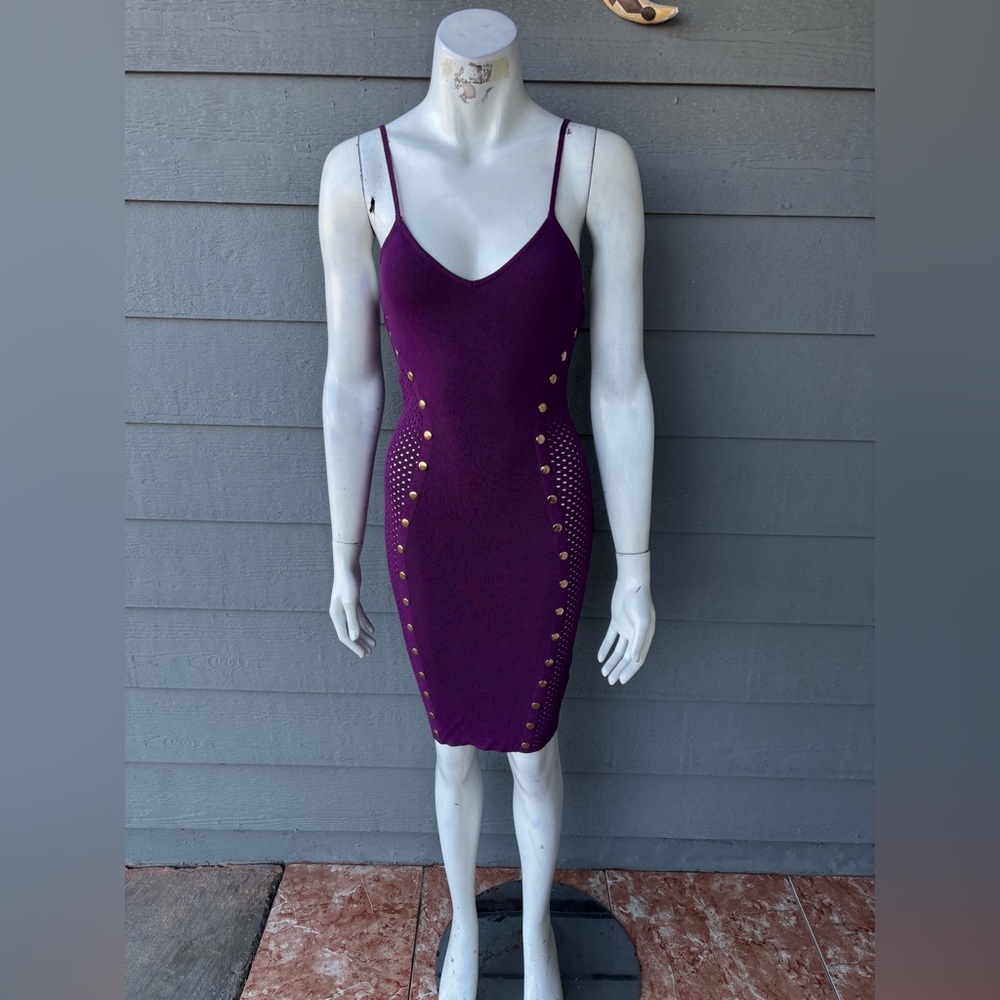 Hera Collection Plum Bodycon Midi Dress with Gold Studs